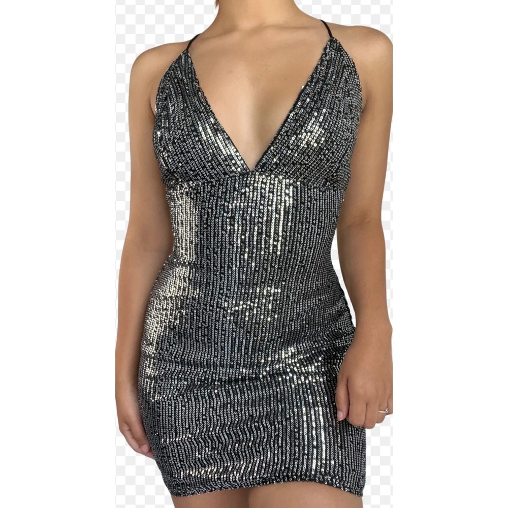 Bear Dance Silver Sequin Mini Dress V-Neck Strappy Back Party Cocktail Large (8)